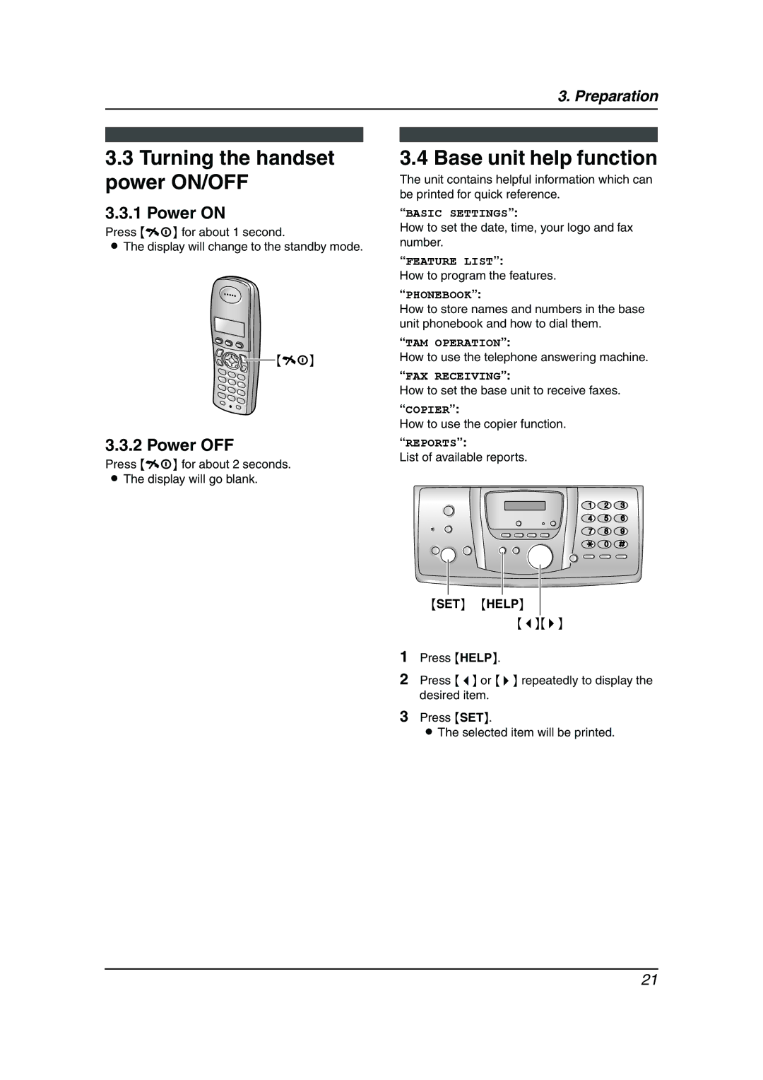 Panasonic KX-FC238HK manual Turning the handset power ON/OFF, Base unit help function, Power on, Power OFF, SET Help 