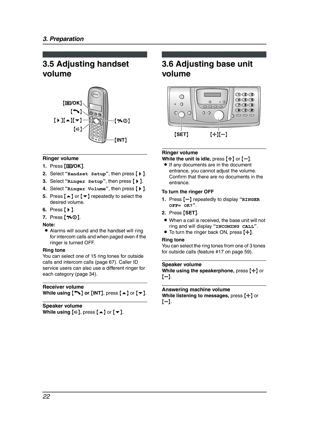 Panasonic KX-FC238HK Adjusting handset Adjusting base unit Volume, Int, Ringer volume, Ring tone, To turn the ringer OFF 