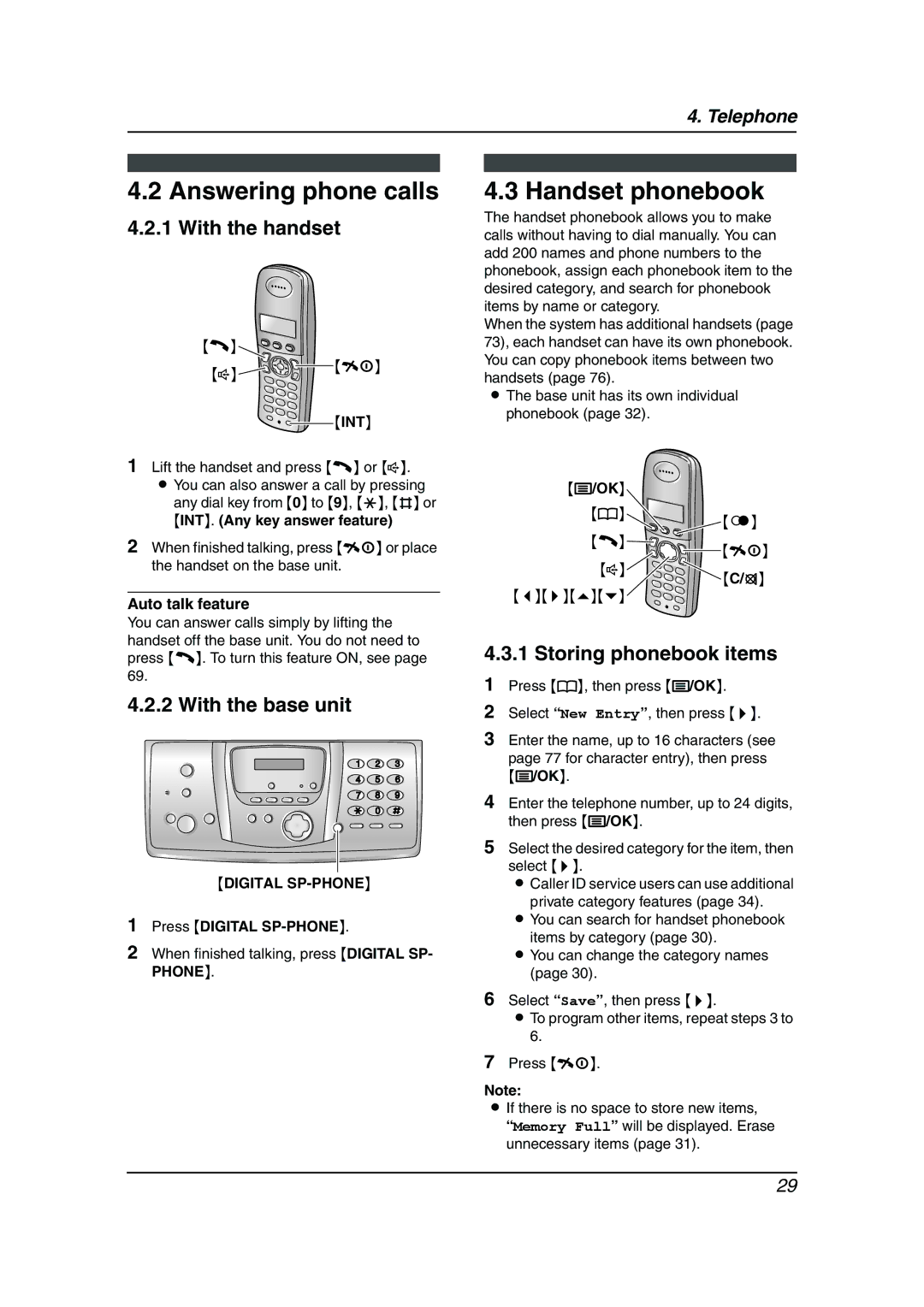 Panasonic KX-FC238HK manual Answering phone calls, Handset phonebook, Storing phonebook items, INT. Any key answer feature 