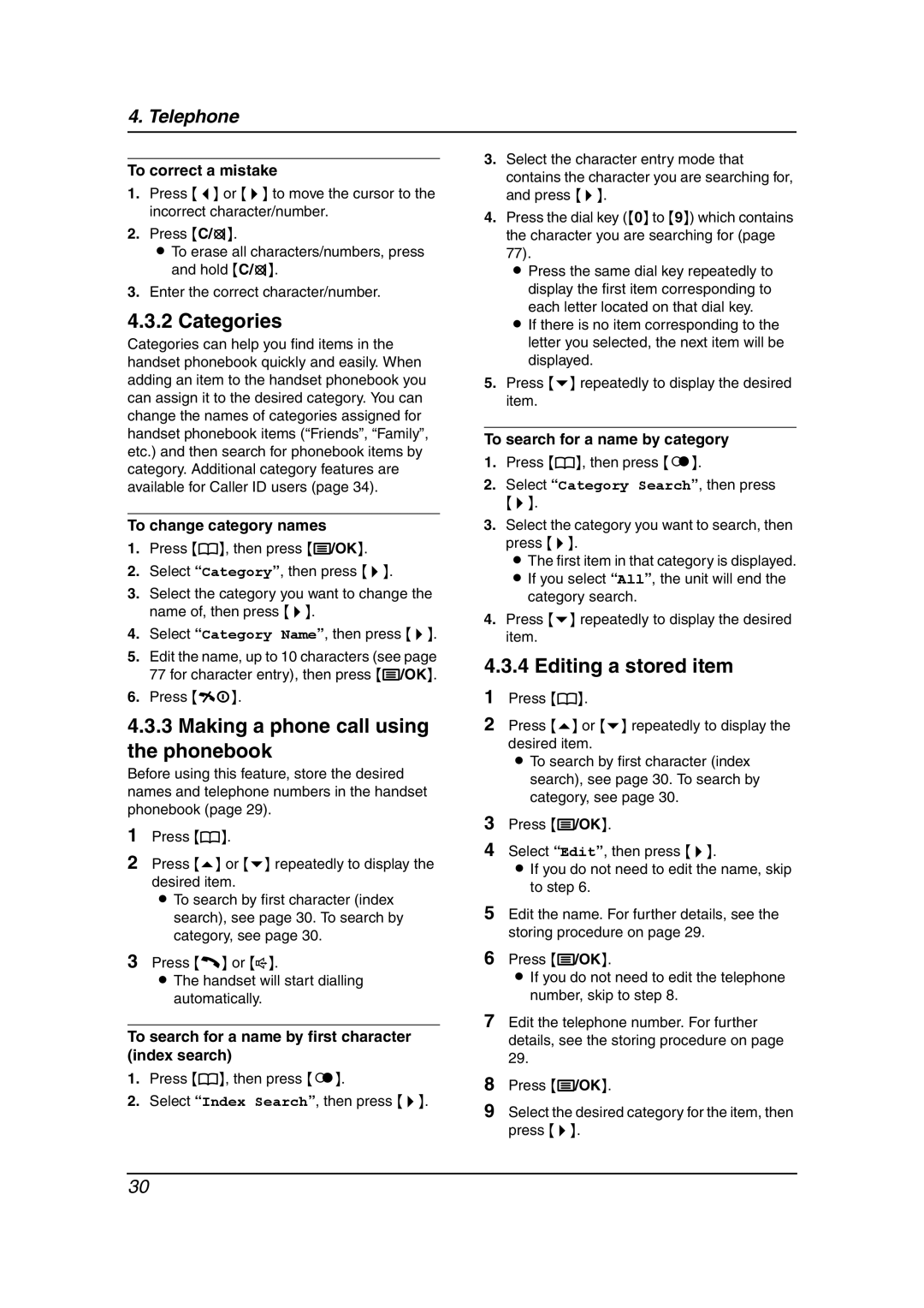 Panasonic KX-FC238HK manual Categories, Making a phone call using the phonebook, Editing a stored item 