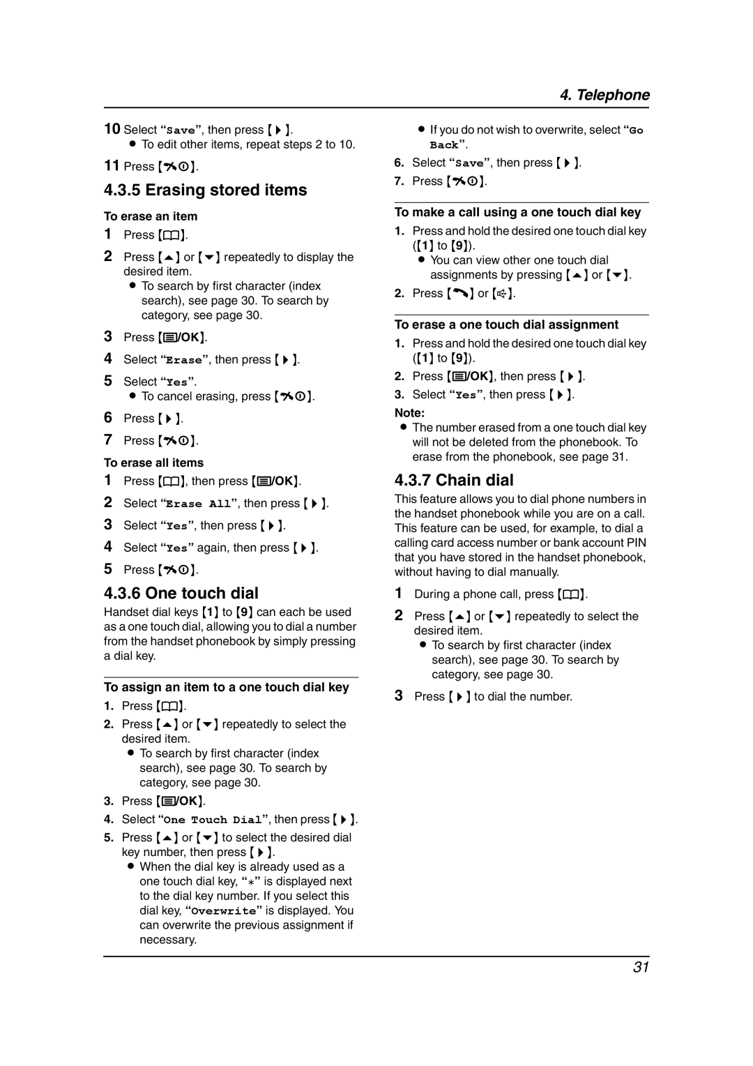 Panasonic KX-FC238HK manual Erasing stored items, One touch dial, Chain dial 