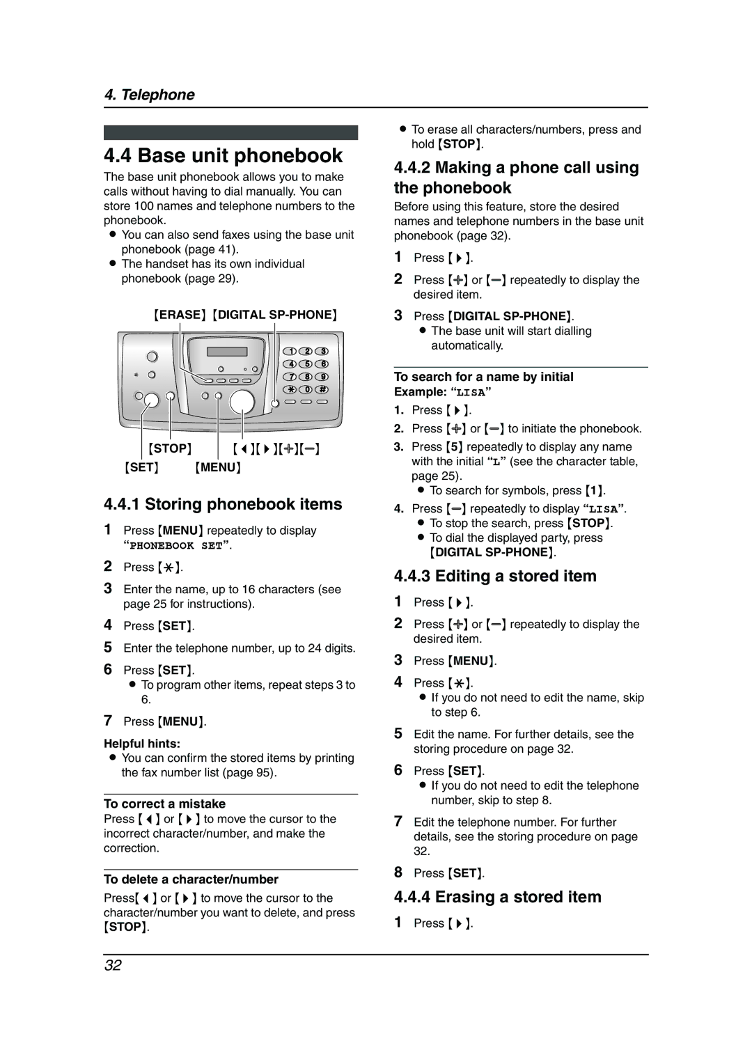 Panasonic KX-FC238HK manual Base unit phonebook, Erasing a stored item, Erase Digital SP-PHONE 