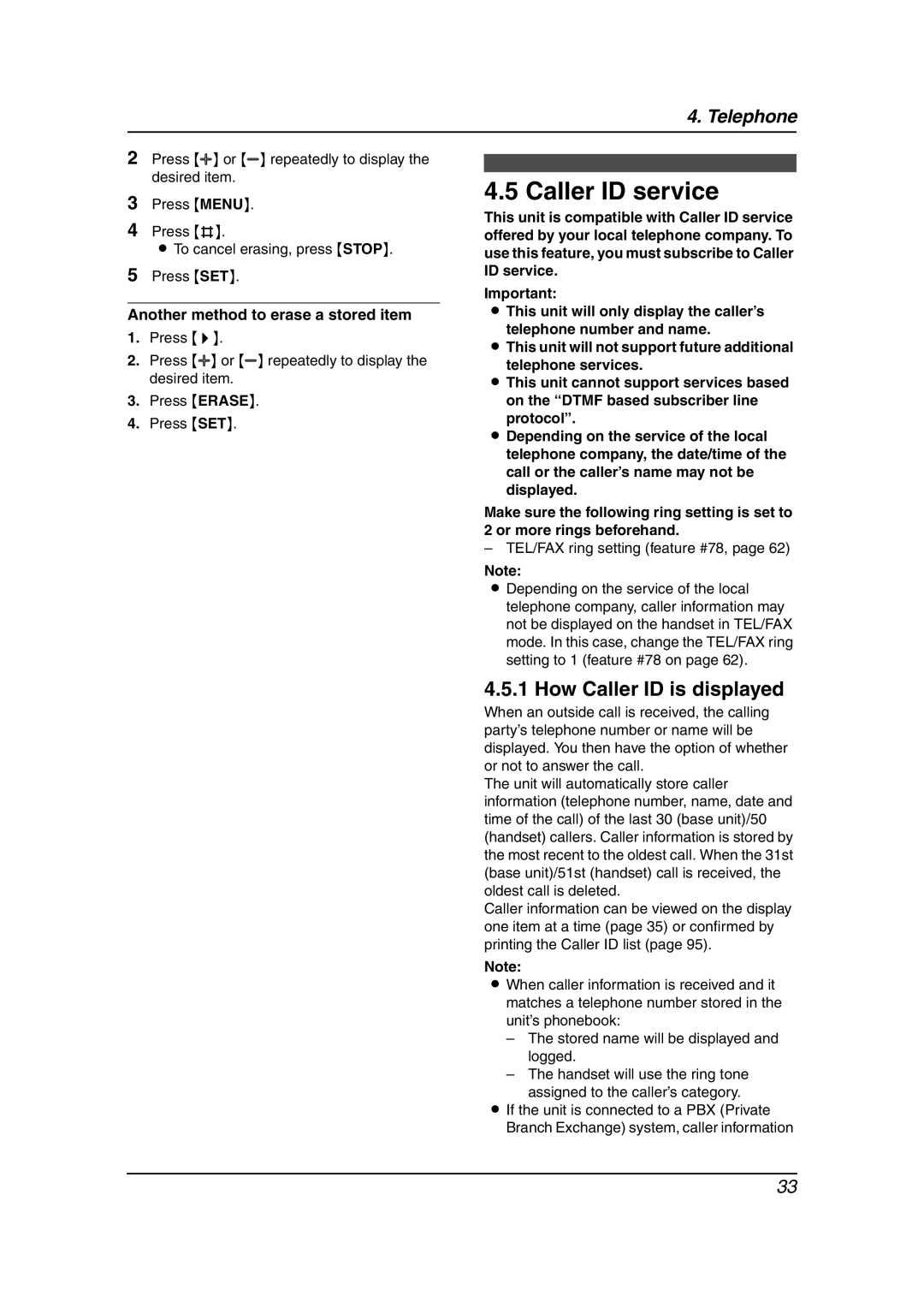 Panasonic KX-FC238HK manual Caller ID service, How Caller ID is displayed, Another method to erase a stored item 