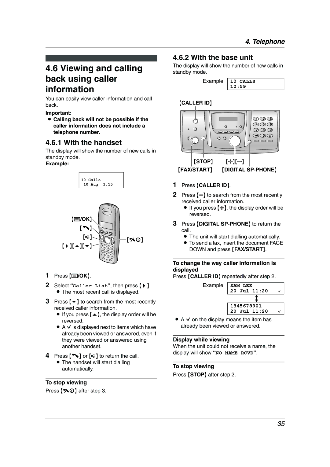 Panasonic KX-FC238HK manual Viewing and calling back using caller information, Caller ID, FAX/START Digital SP-PHONE 