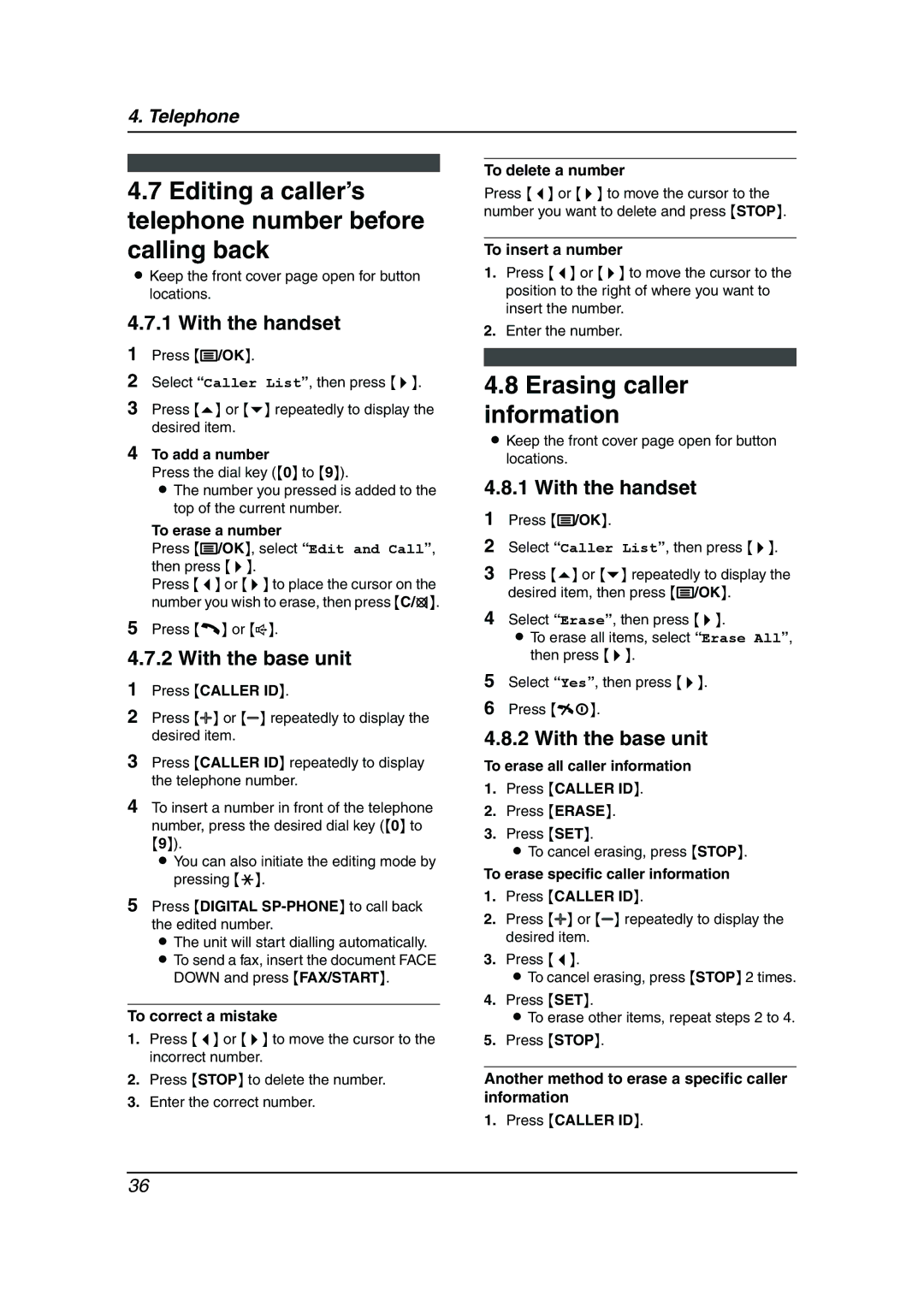 Panasonic KX-FC238HK manual Editing a caller’s telephone number before calling back, Erasing caller information 