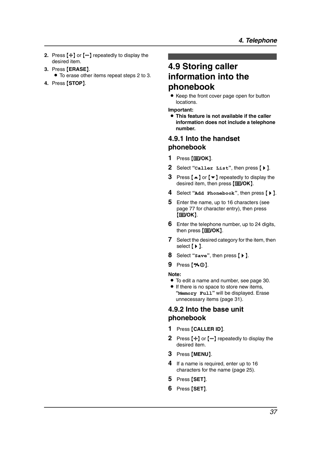 Panasonic KX-FC238HK manual Storing caller information into the phonebook, Into the handset phonebook 