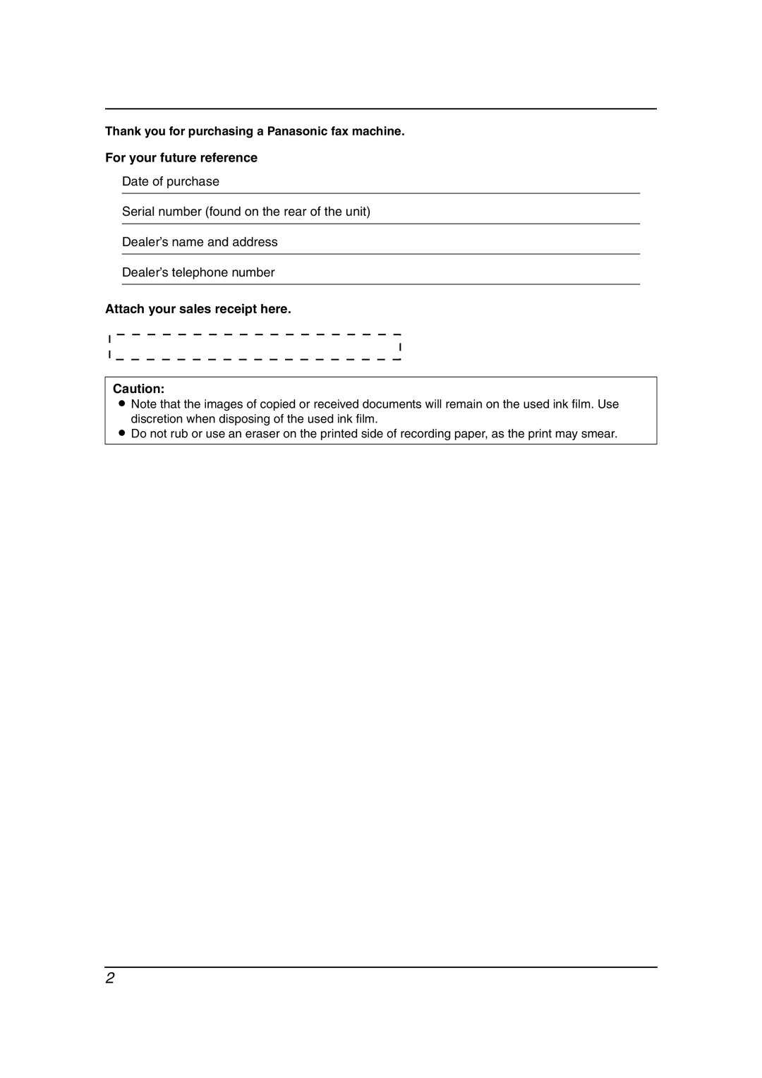 Panasonic KX-FC238HK manual Attach your sales receipt here 