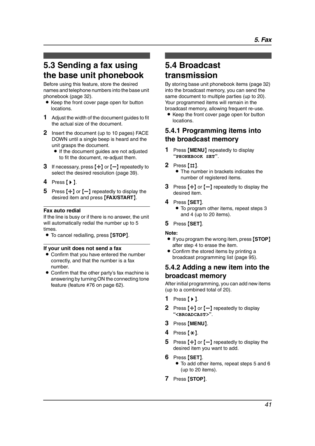 Panasonic KX-FC238HK manual Sending a fax using the base unit phonebook, Broadcast transmission 