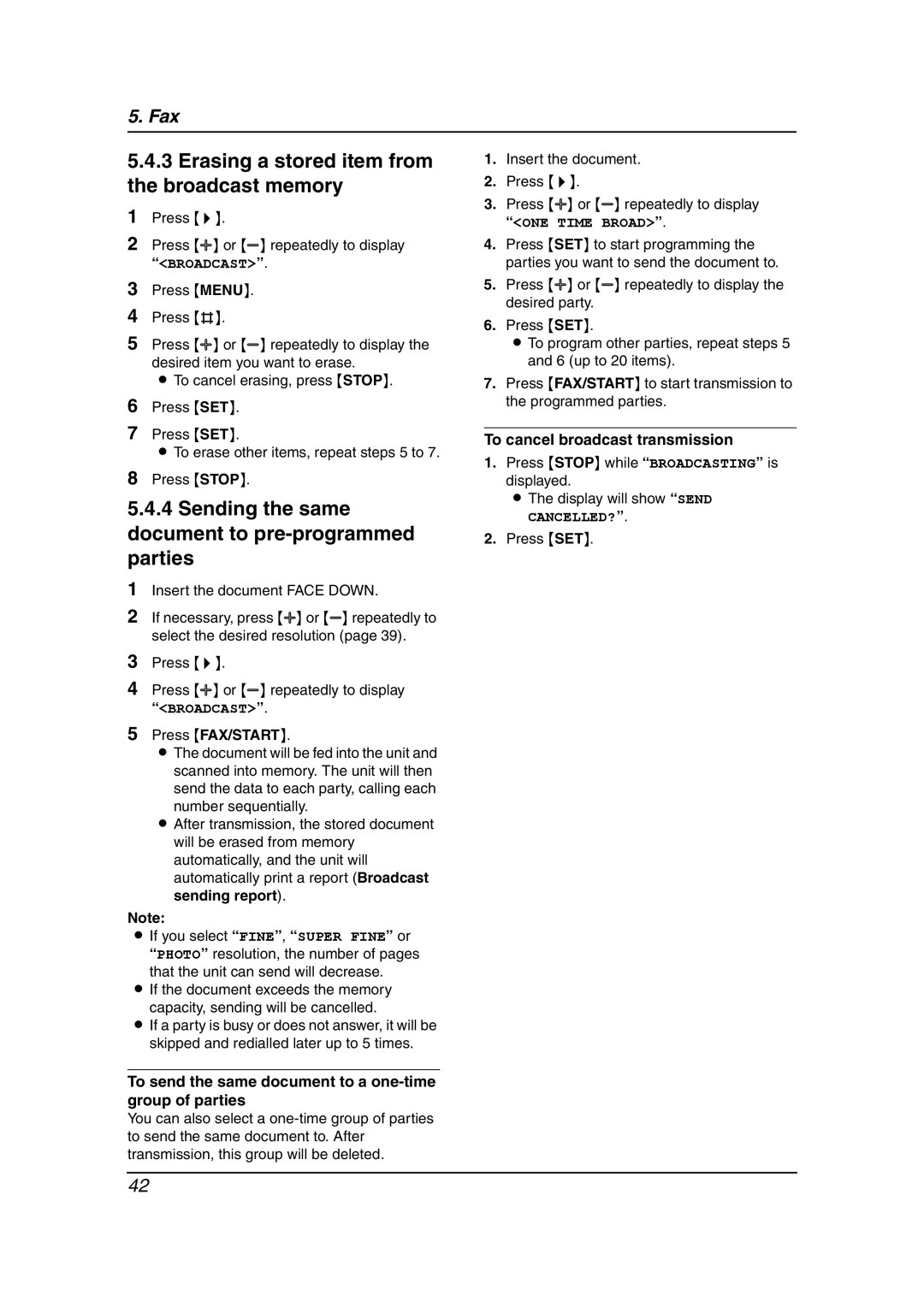 Panasonic KX-FC238HK Erasing a stored item from the broadcast memory, Sending the same document to pre-programmed parties 