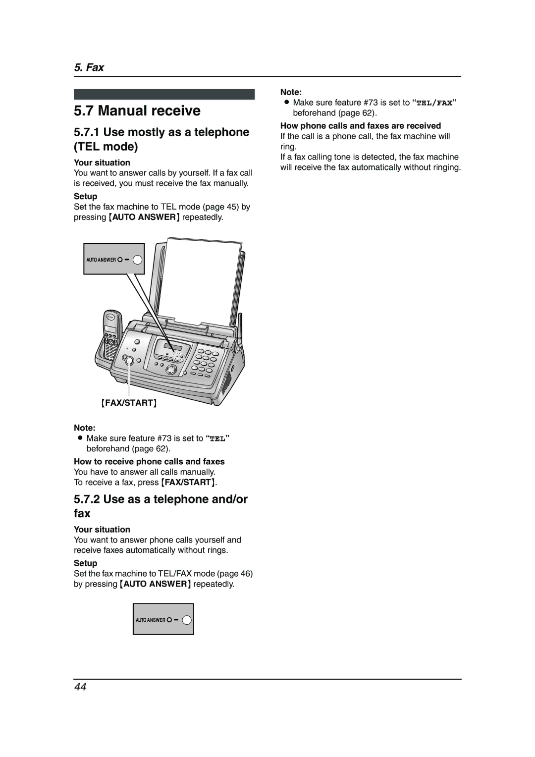 Panasonic KX-FC238HK manual Manual receive, Use mostly as a telephone TEL mode, Use as a telephone and/or Fax 