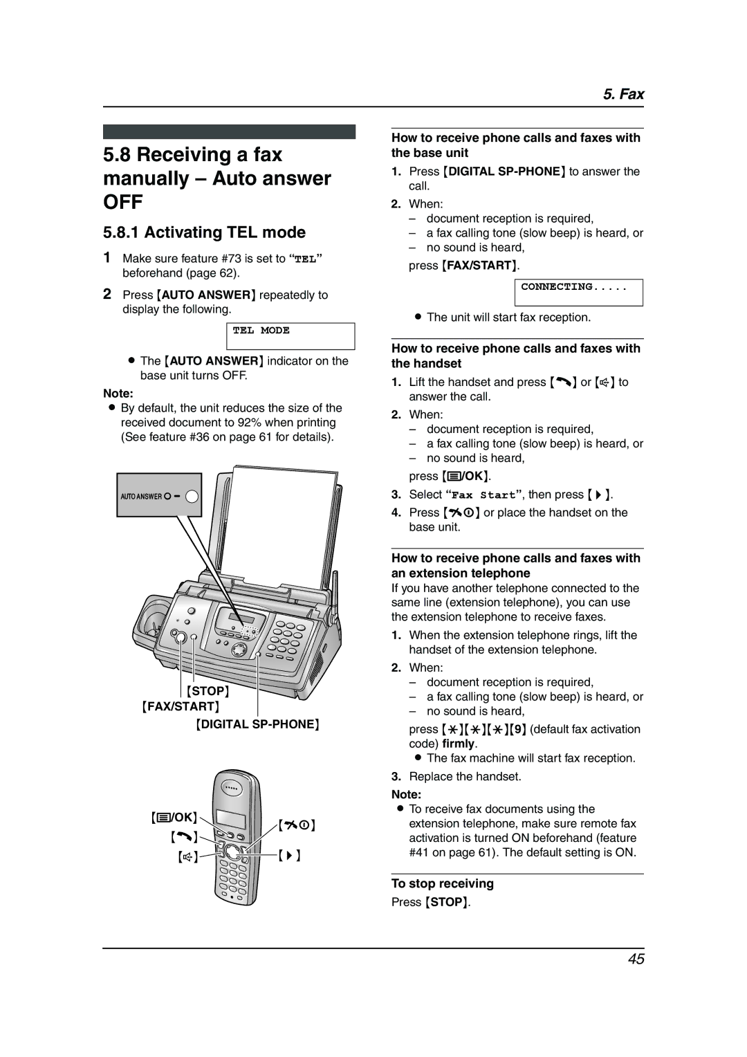 Panasonic KX-FC238HK Receiving a fax manually Auto answer, Activating TEL mode, Stop FAX/START Digital SP-PHONE 