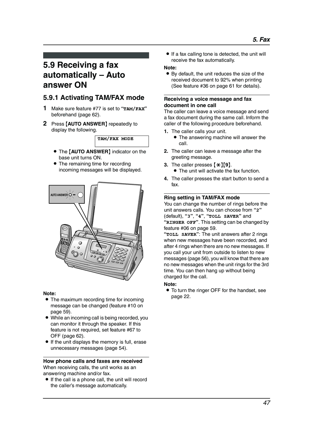 Panasonic KX-FC238HK manual Receiving a fax automatically Auto answer on, Activating TAM/FAX mode, TAM/FAX Mode 