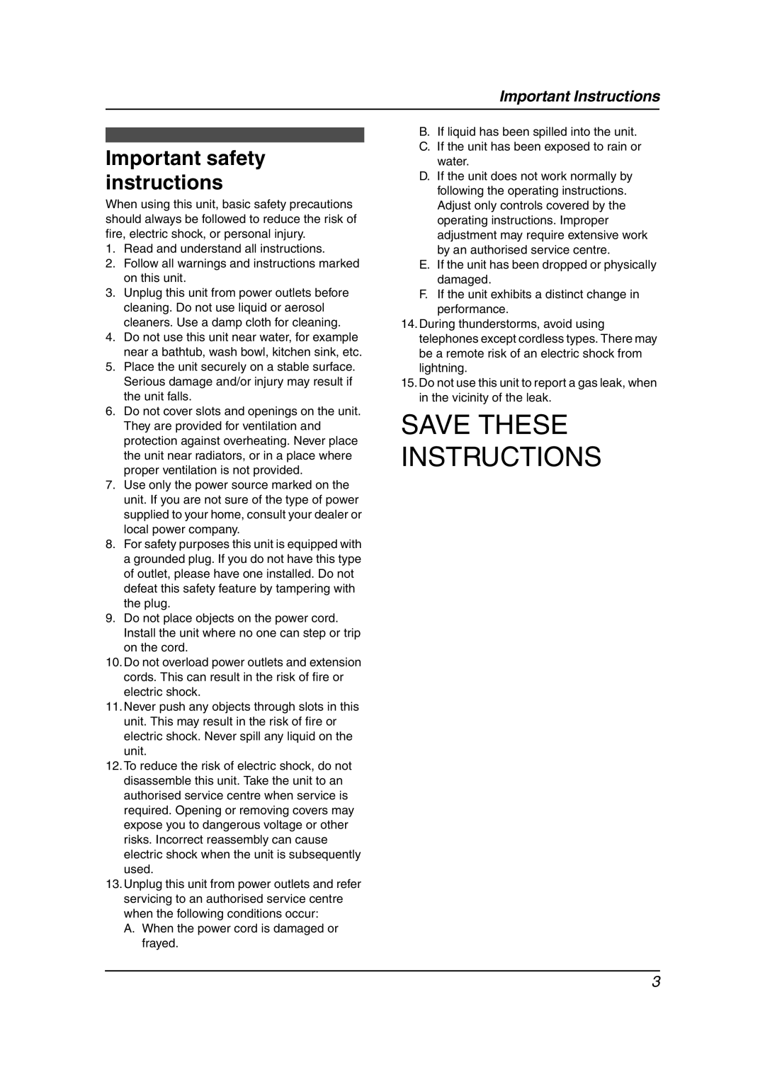 Panasonic KX-FC238HK manual Important safety instructions 