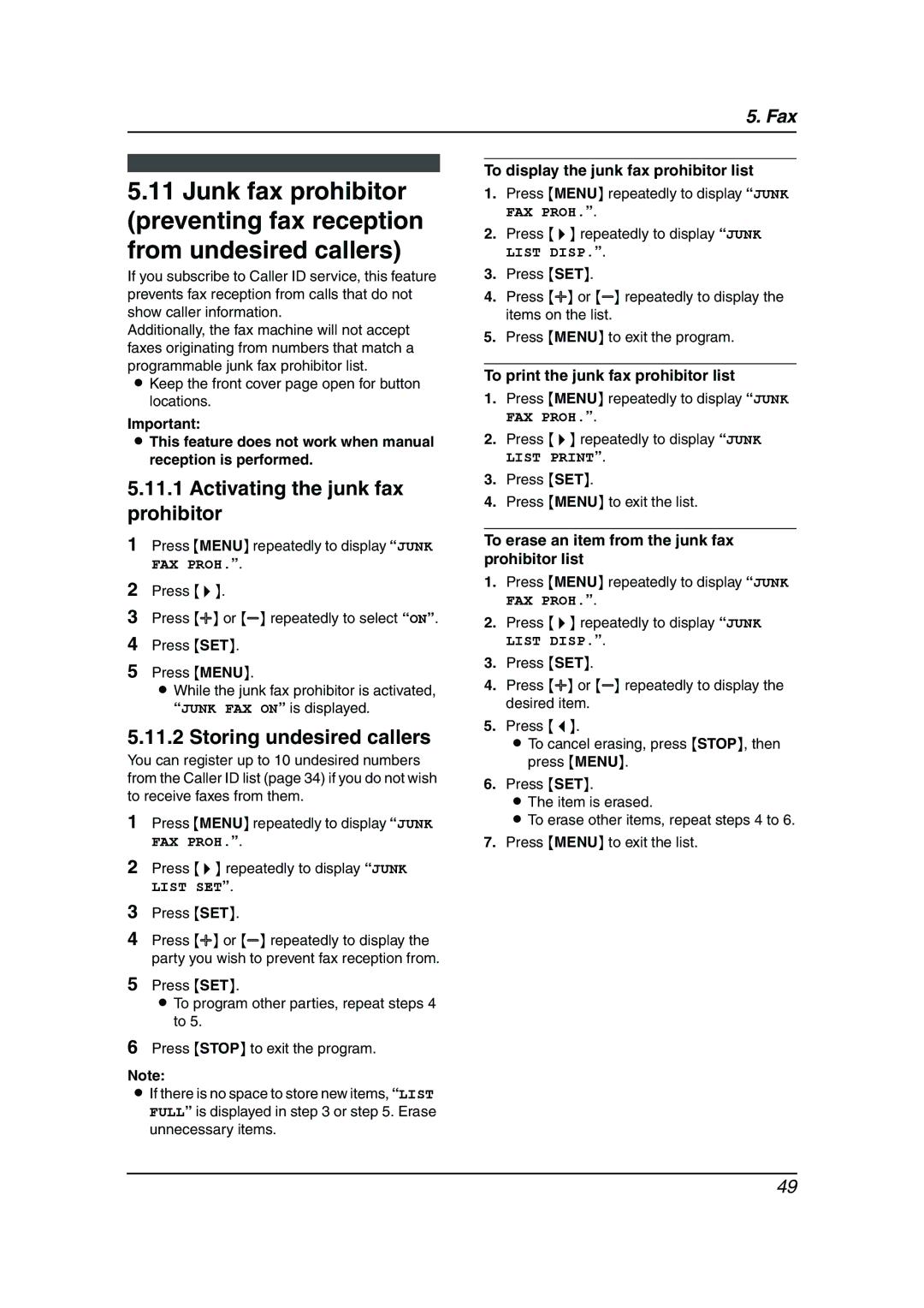 Panasonic KX-FC238HK Activating the junk fax prohibitor, Storing undesired callers, To print the junk fax prohibitor list 