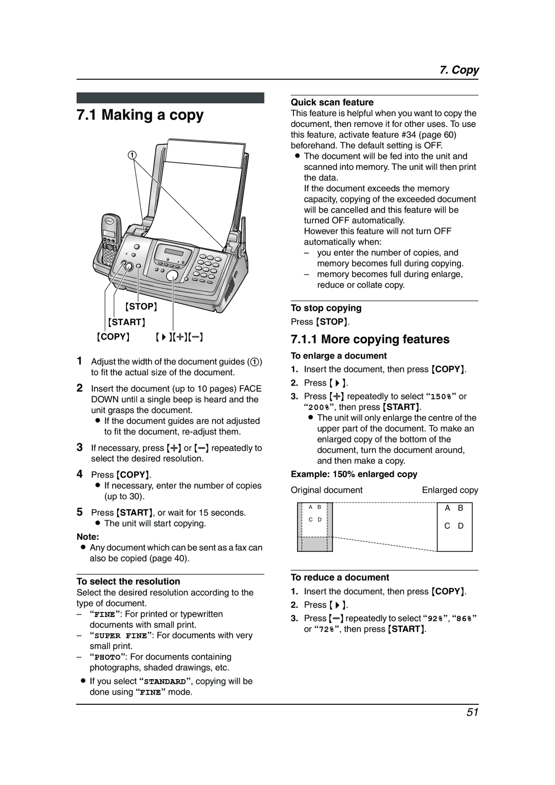 Panasonic KX-FC238HK manual Making a copy, More copying features, Stop Start 