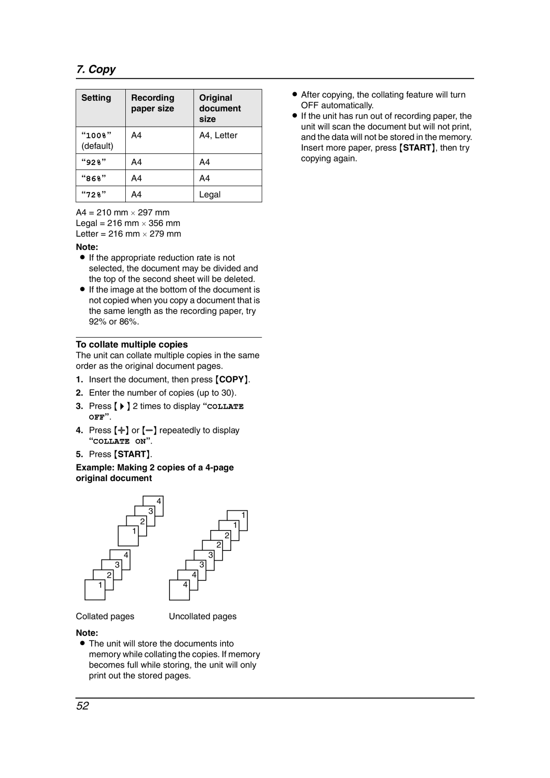 Panasonic KX-FC238HK manual Setting Recording Original Paper size Document Size, A4, Letter, Default, Legal 