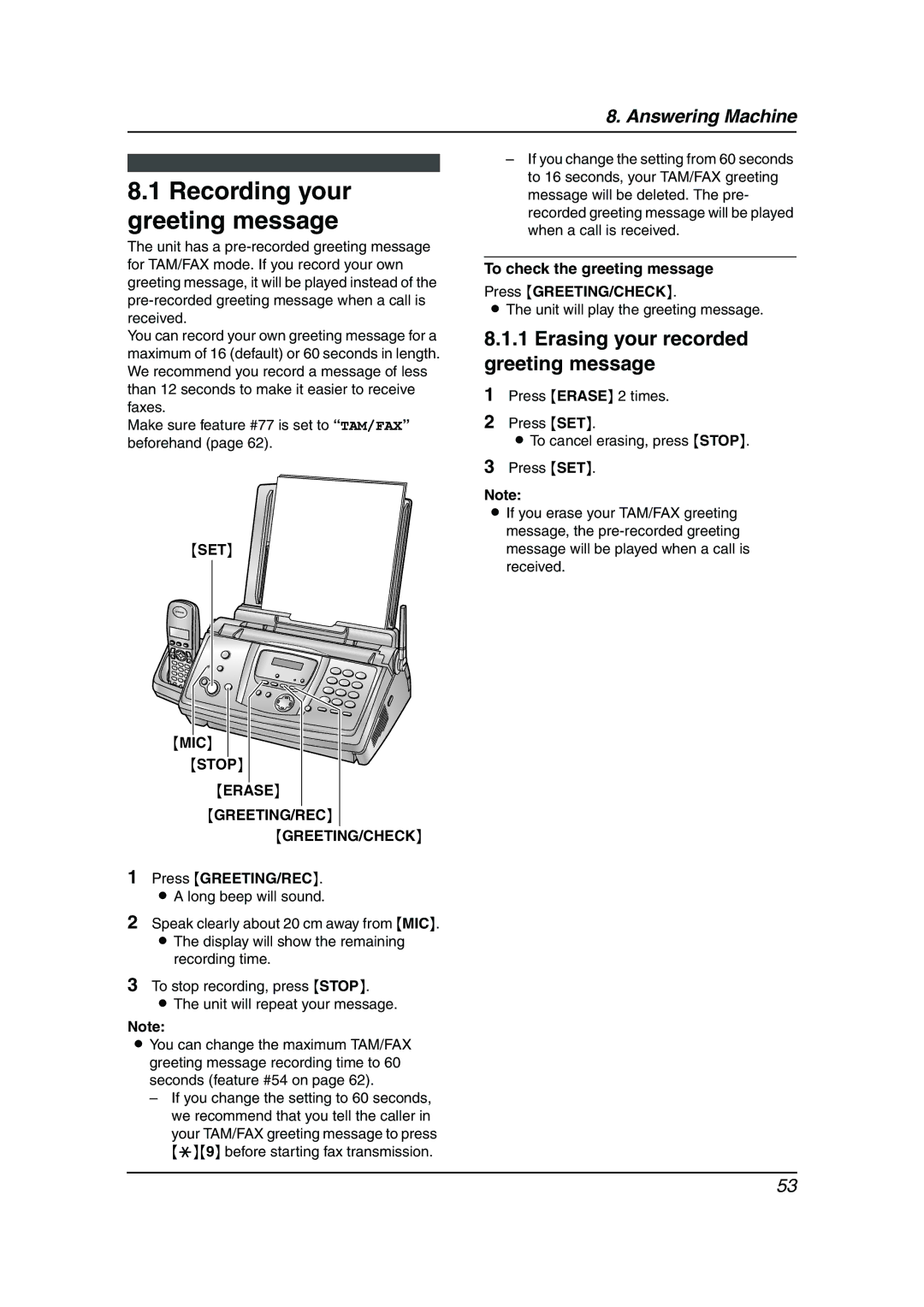 Panasonic KX-FC238HK manual Recording your greeting message, Erasing your recorded greeting message, Press GREETING/REC 