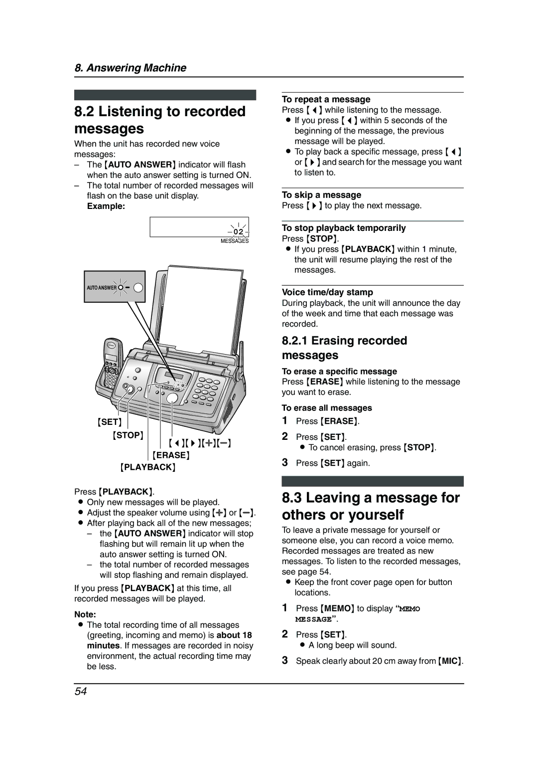 Panasonic KX-FC238HK Listening to recorded messages, Leaving a message for others or yourself, Erasing recorded messages 