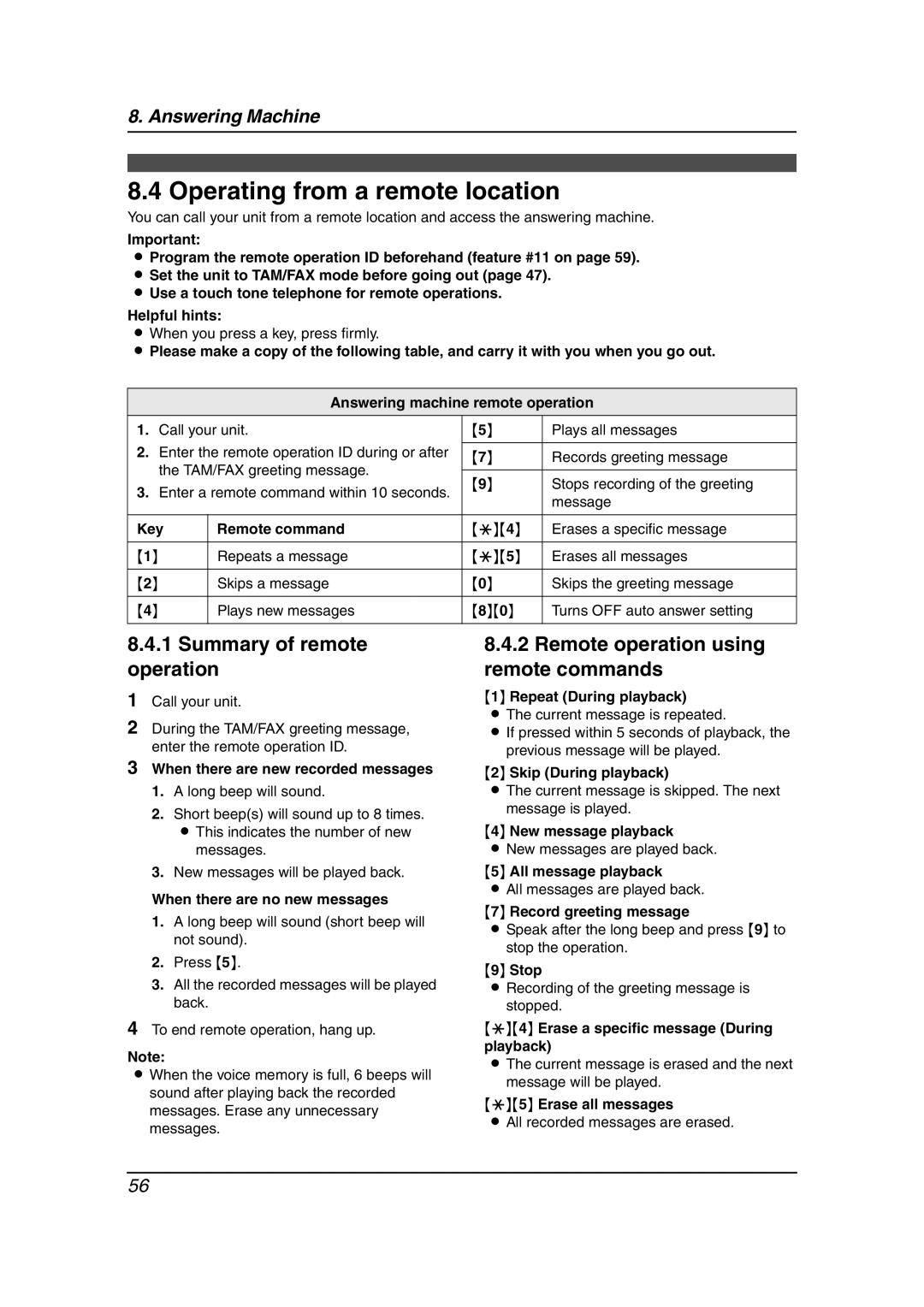 Panasonic KX-FC238HK Operating from a remote location, Summary of remote operation, Remote operation using remote commands 