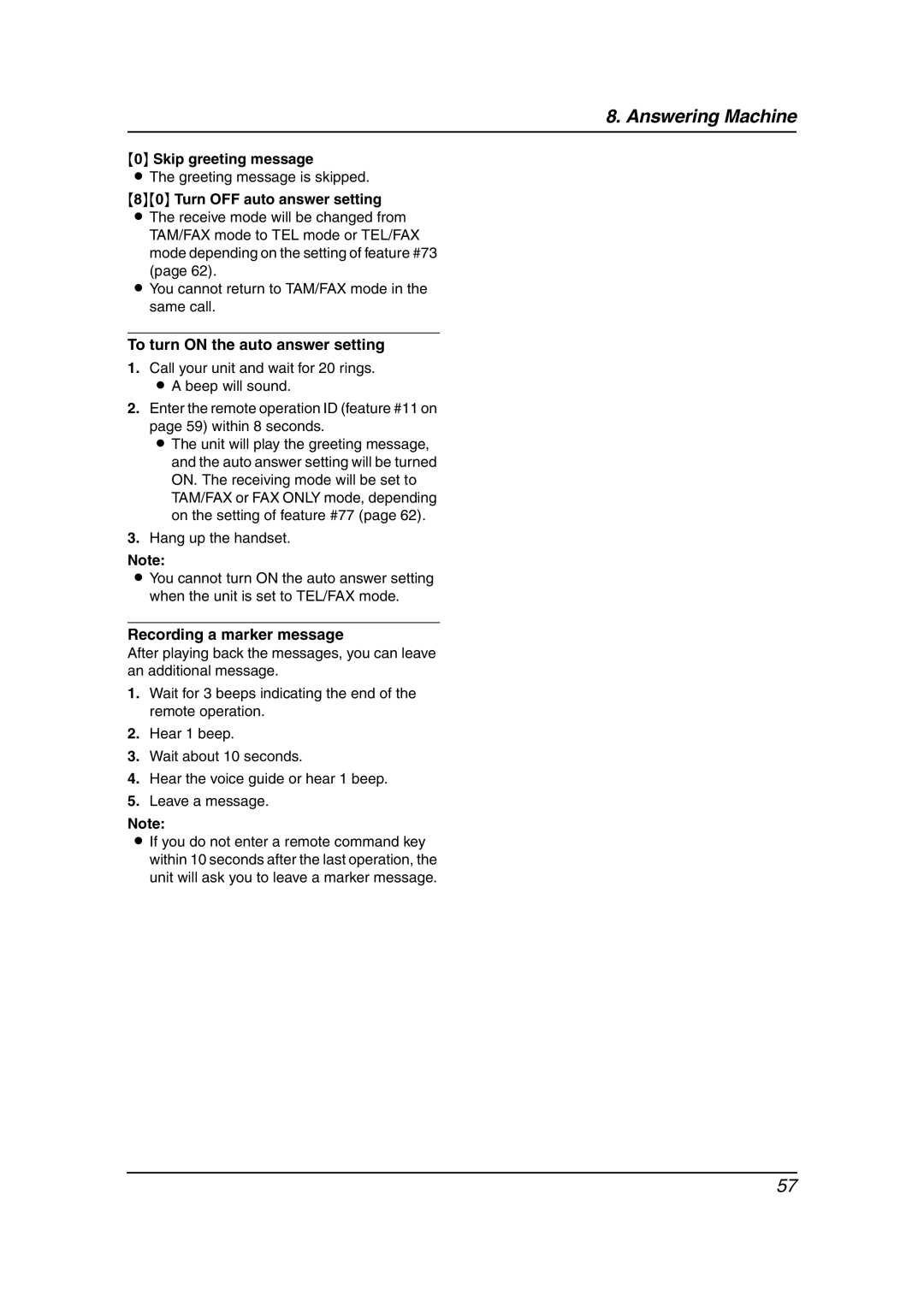 Panasonic KX-FC238HK manual Skip greeting message, Turn OFF auto answer setting, To turn on the auto answer setting 