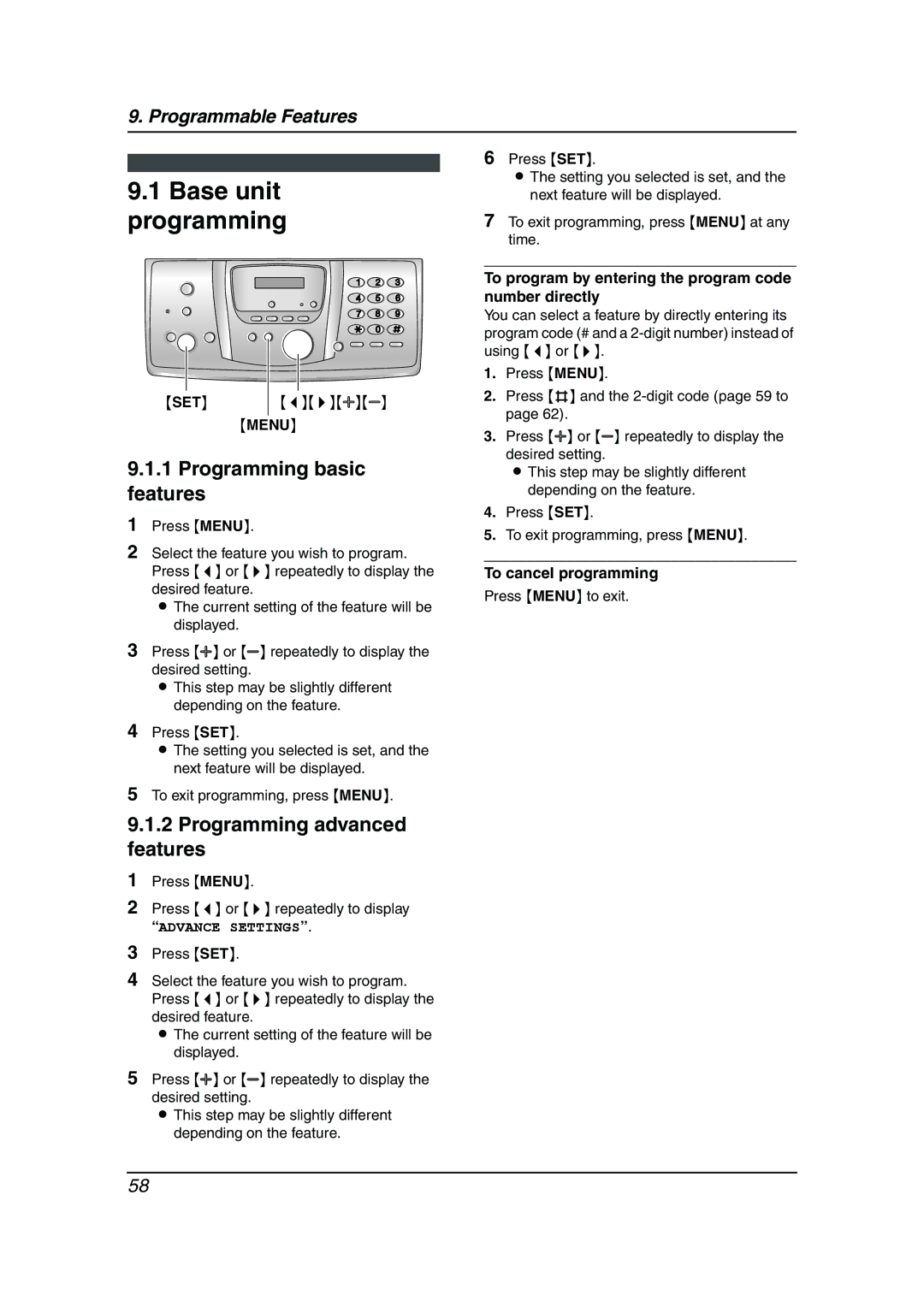 Panasonic KX-FC238HK manual Base unit programming, Programming basic features, Programming advanced features 