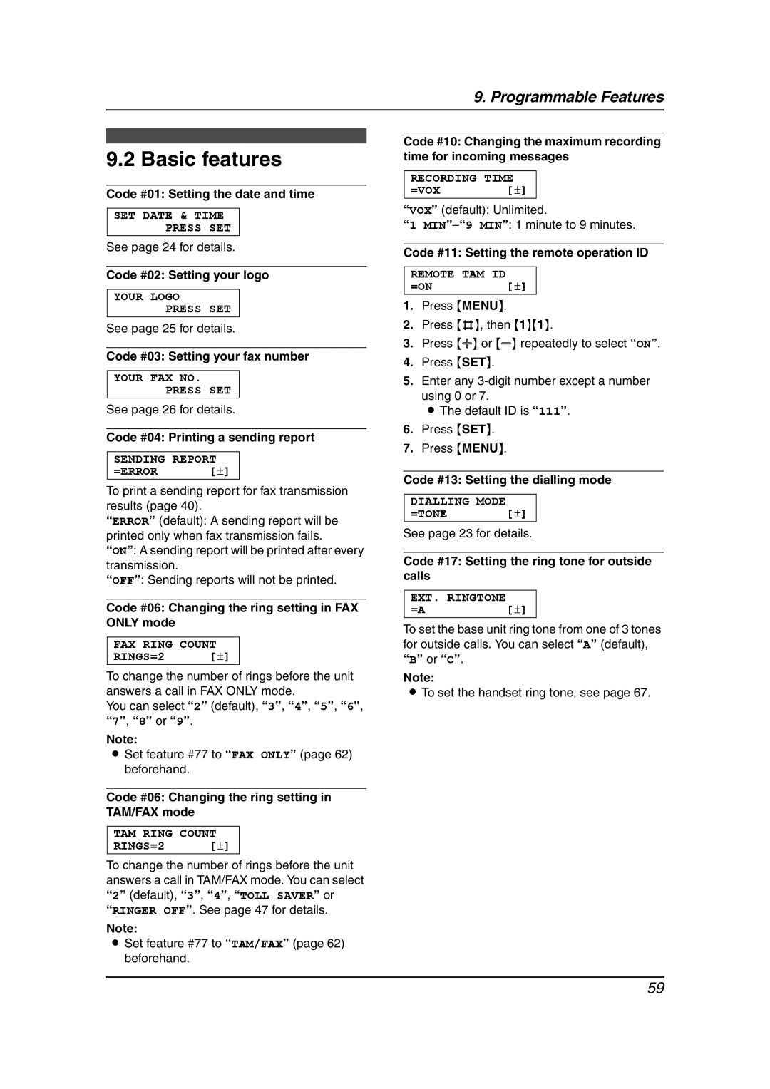 Panasonic KX-FC238HK manual Basic features 