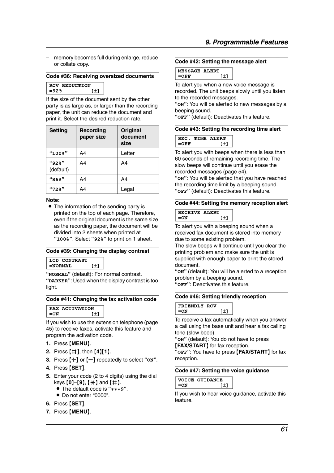 Panasonic KX-FC238HK manual Code #36 Receiving oversized documents, Letter, Code #39 Changing the display contrast 