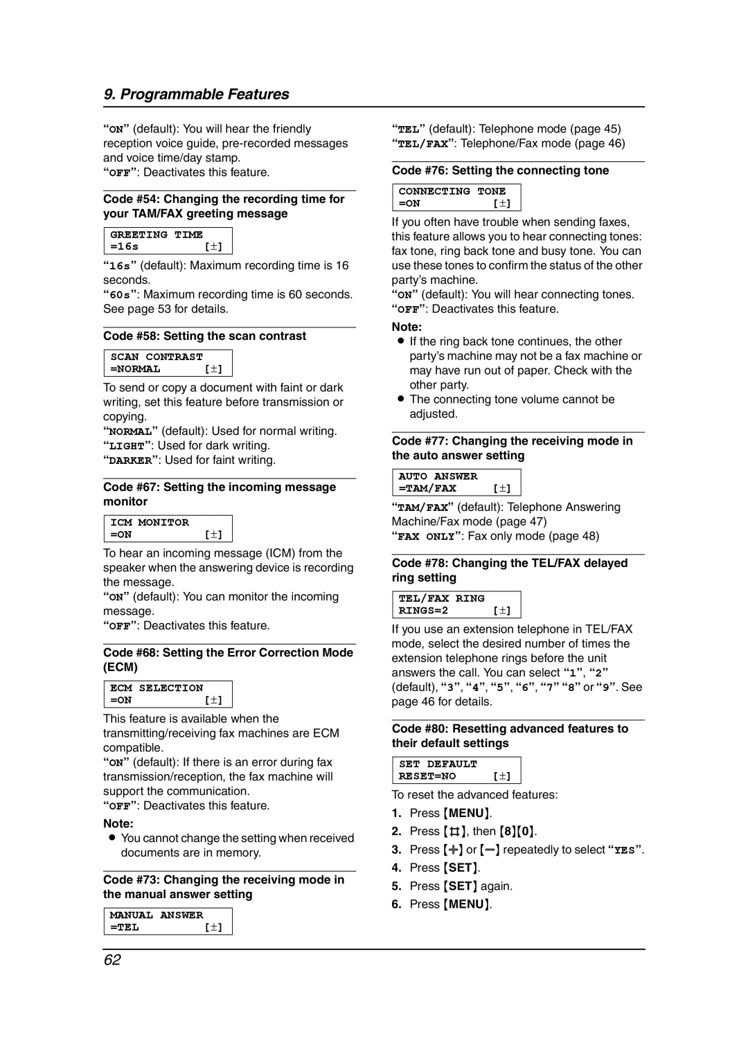 Panasonic KX-FC238HK manual Code #58 Setting the scan contrast, Code #67 Setting the incoming message monitor 