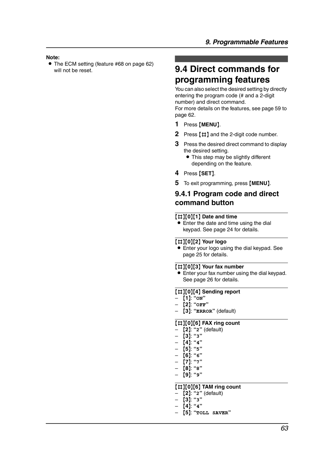 Panasonic KX-FC238HK manual Direct commands for programming features, Program code and direct command button 