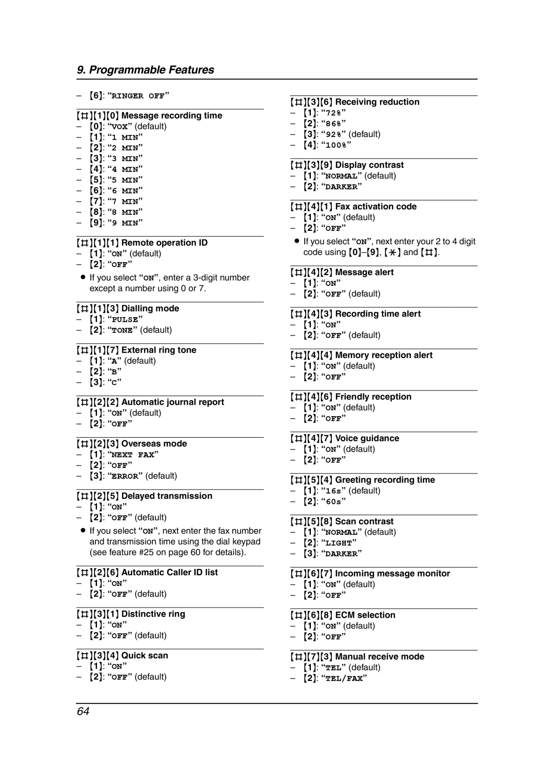 Panasonic KX-FC238HK manual #10 Message recording time, #11 Remote operation ID, #13 Dialling mode, #17 External ring tone 