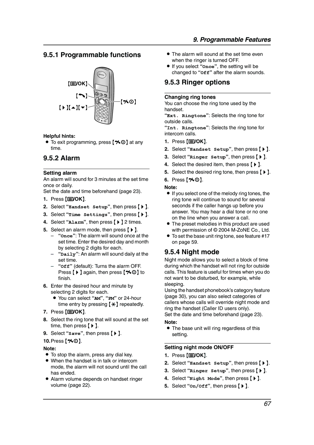 Panasonic KX-FC238HK manual Programmable functions, Ringer options, Alarm, Night mode 