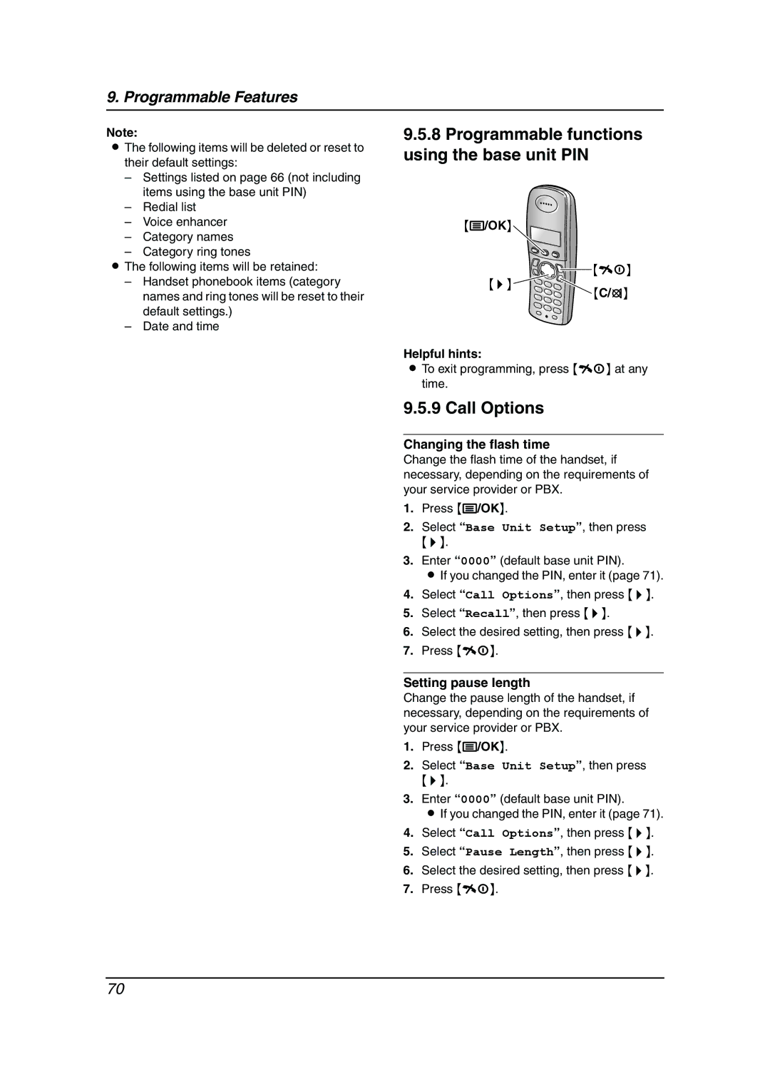 Panasonic KX-FC238HK manual Programmable functions using the base unit PIN, Changing the flash time, Setting pause length 