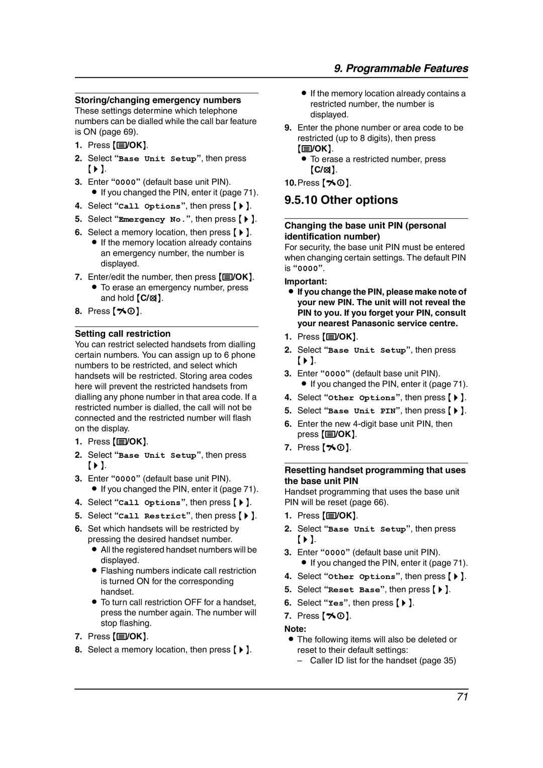 Panasonic KX-FC238HK manual Storing/changing emergency numbers, Setting call restriction 