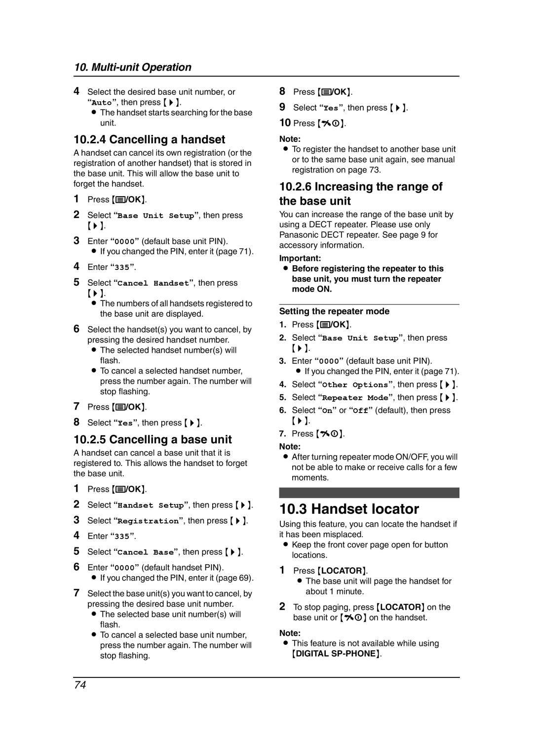 Panasonic KX-FC238HK Handset locator, Cancelling a handset, Cancelling a base unit, Increasing the range of the base unit 