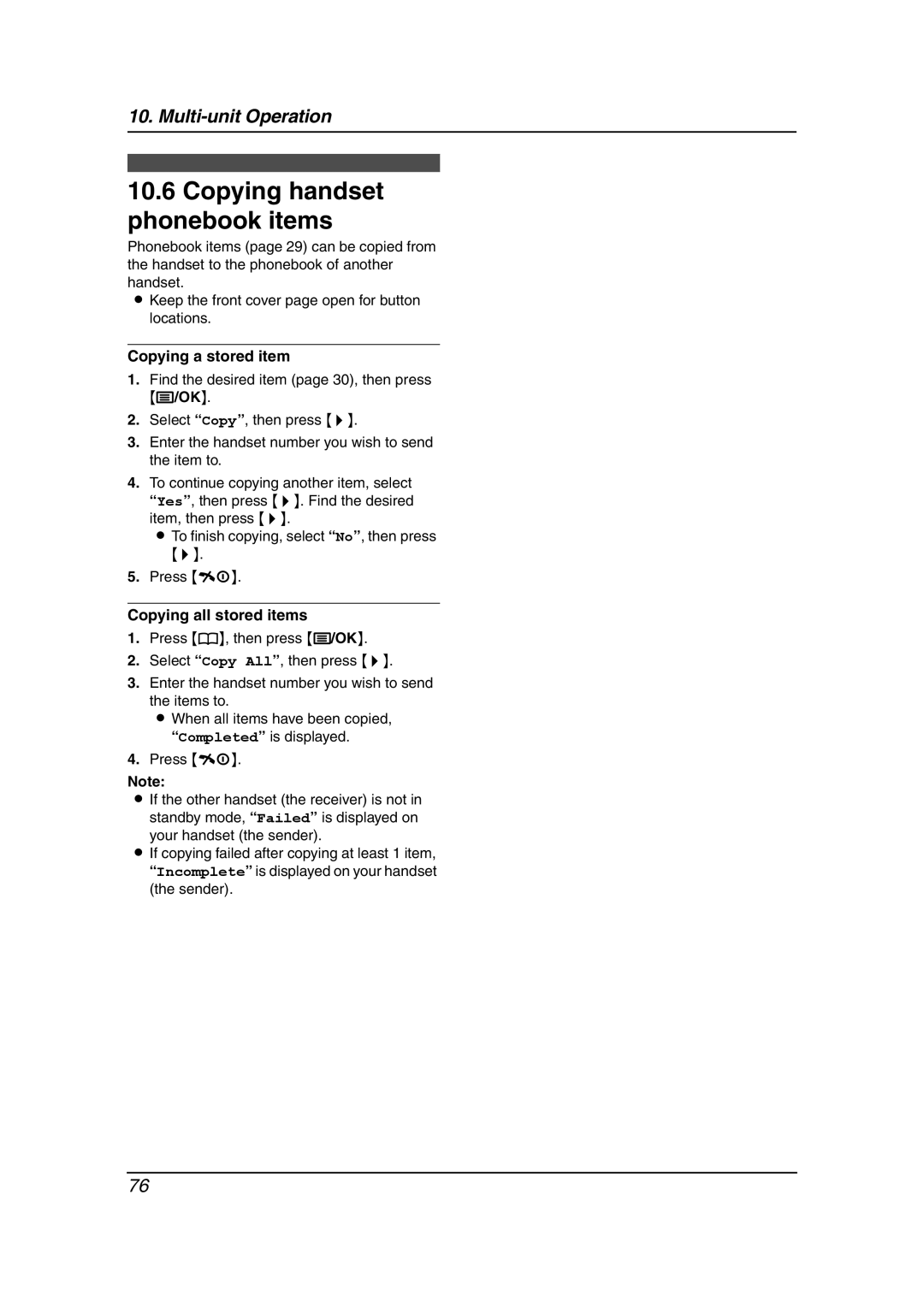 Panasonic KX-FC238HK manual Copying handset phonebook items, Copying a stored item, Copying all stored items 