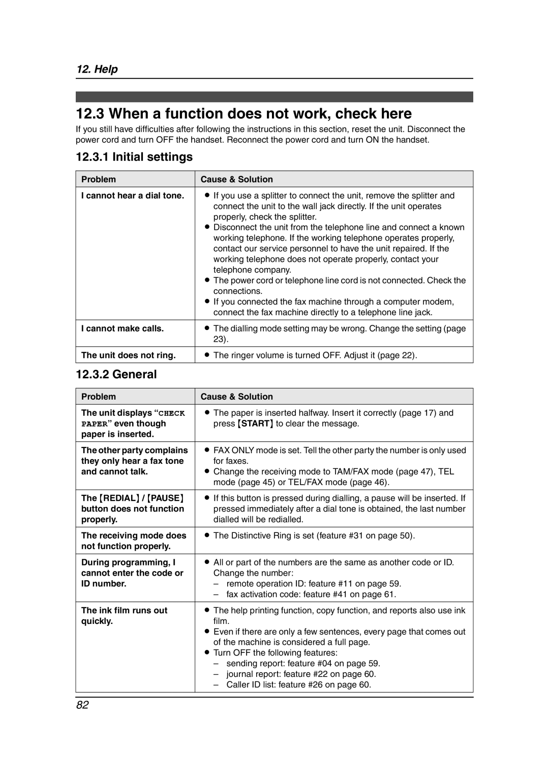 Panasonic KX-FC238HK manual When a function does not work, check here, Initial settings, General 