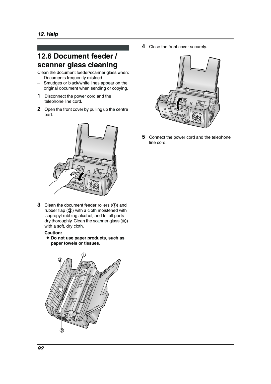 Panasonic KX-FC238HK Document feeder / scanner glass cleaning, Do not use paper products, such as paper towels or tissues 