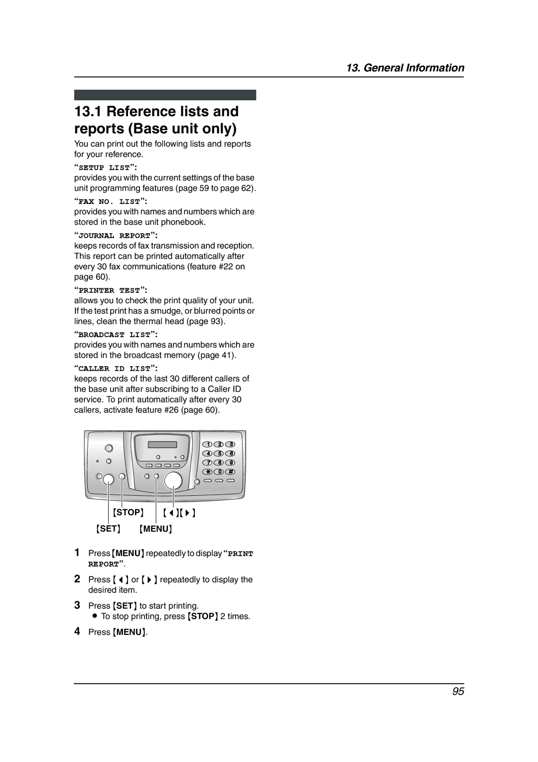 Panasonic KX-FC238HK manual Reference lists and reports Base unit only 