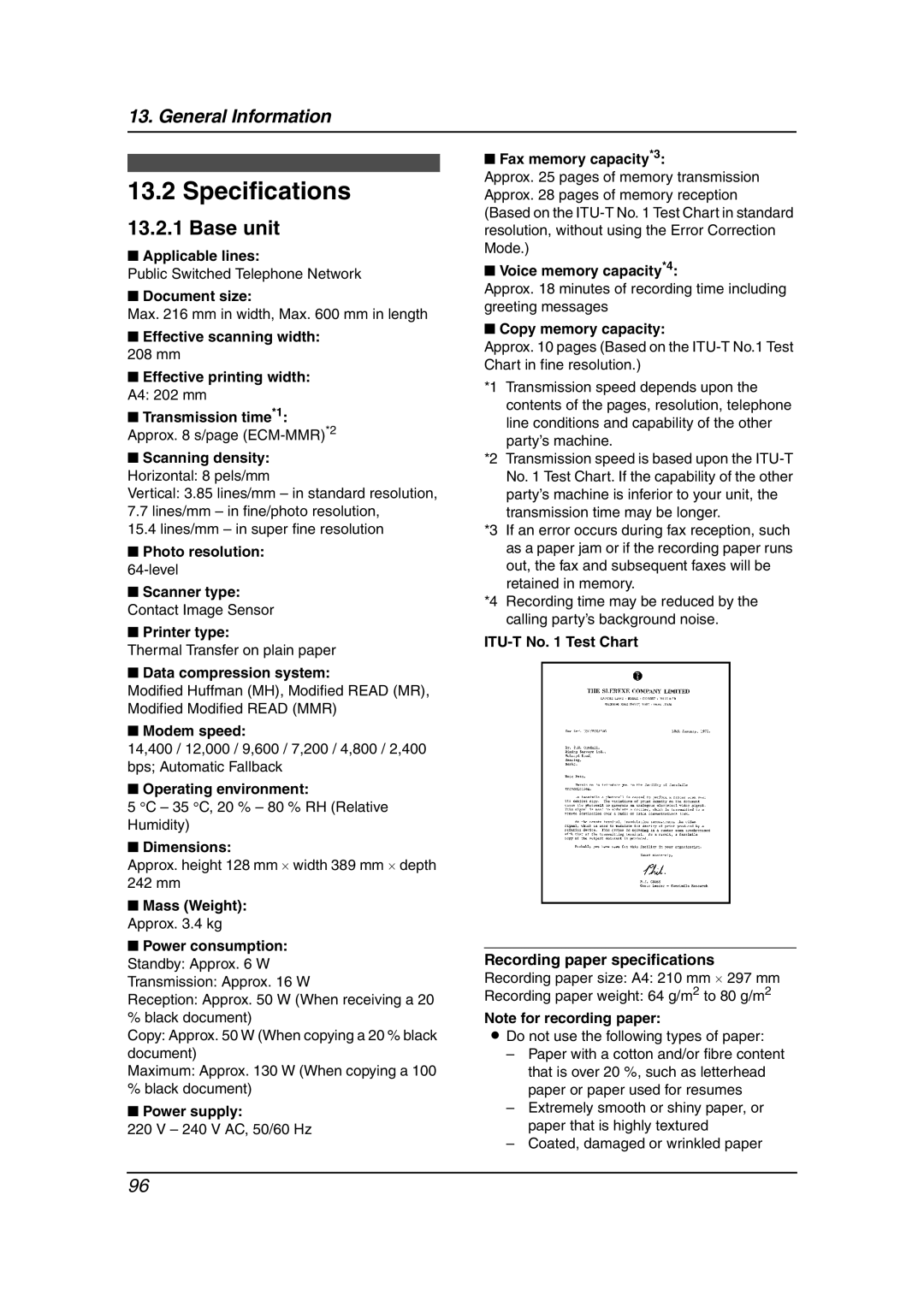 Panasonic KX-FC238HK manual Specifications 