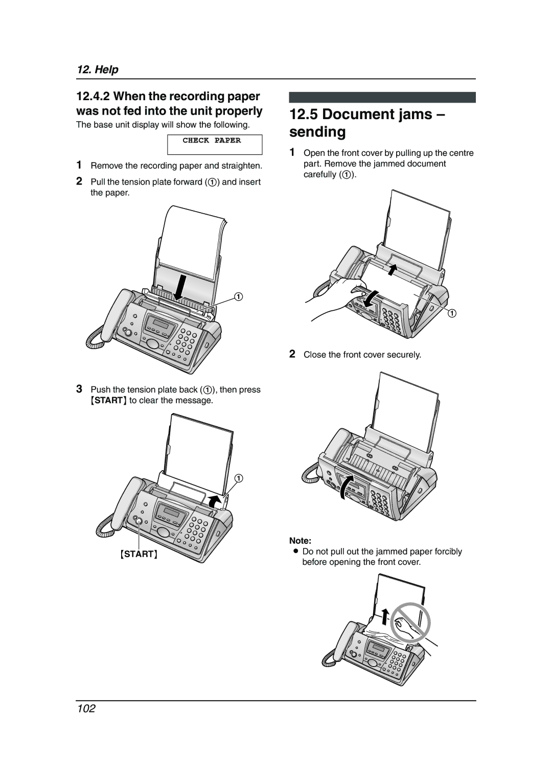 Panasonic KX-FC241AL manual Document jams sending, When the recording paper was not fed into the unit properly 