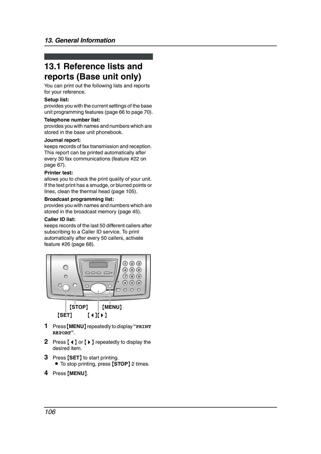 Panasonic KX-FC241AL manual Reference lists and reports Base unit only 