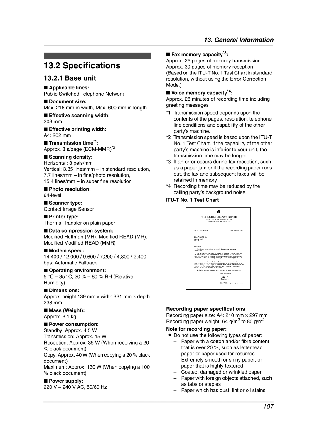 Panasonic KX-FC241AL manual Specifications 