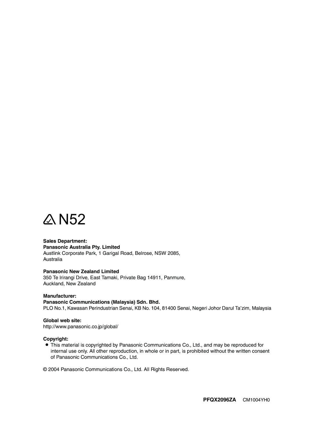 Panasonic KX-FC241AL manual Sales Department Panasonic Australia Pty. Limited, Panasonic New Zealand Limited 