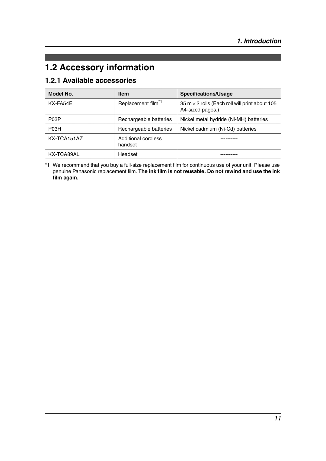 Panasonic KX-FC241AL manual Accessory information, Available accessories, Model No Specifications/Usage, Film again 