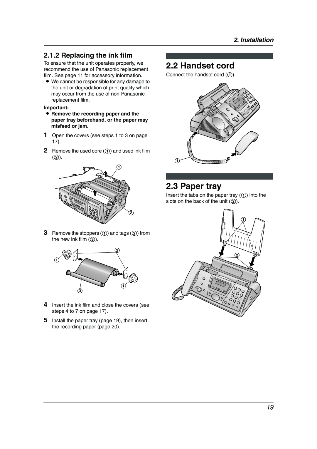 Panasonic KX-FC241AL manual Handset cord, Paper tray, Replacing the ink film, Connect the handset cord 