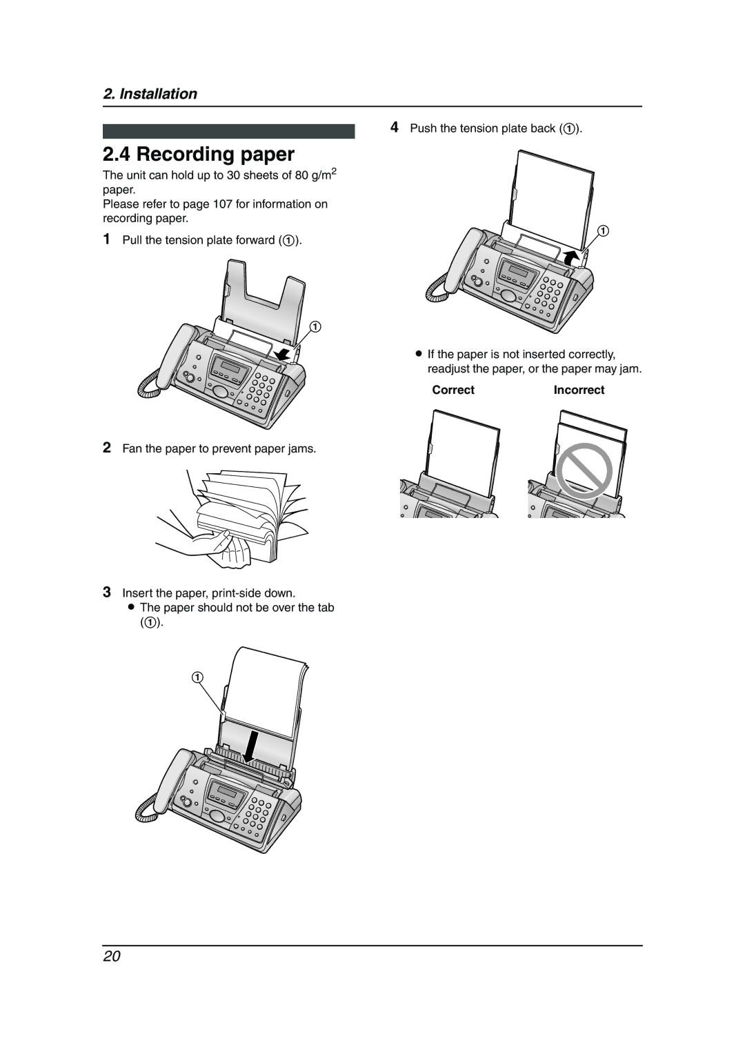 Panasonic KX-FC241AL manual Recording paper, Push the tension plate back, CorrectIncorrect 