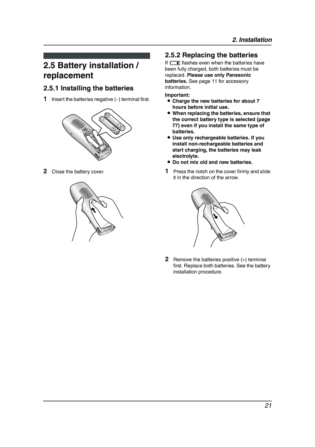 Panasonic KX-FC241AL Battery installation / replacement, Installing the batteries, Replacing the batteries, Batteries 