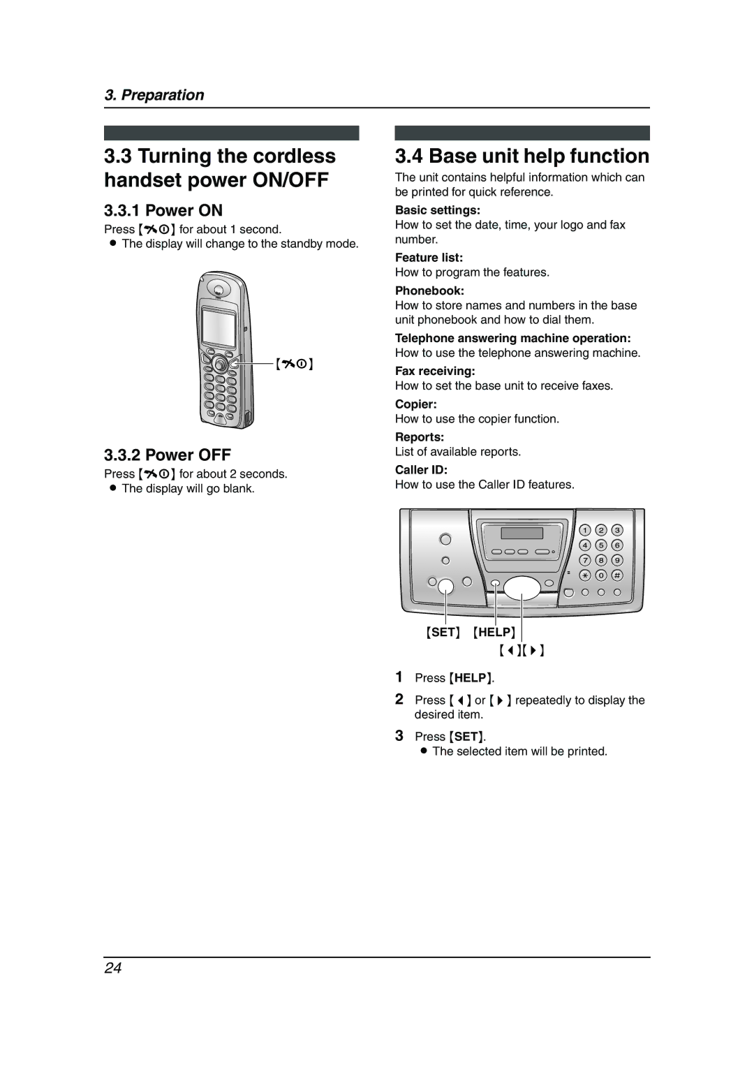 Panasonic KX-FC241AL Turning the cordless handset power ON/OFF, Base unit help function, Power on, Power OFF, SET Help 