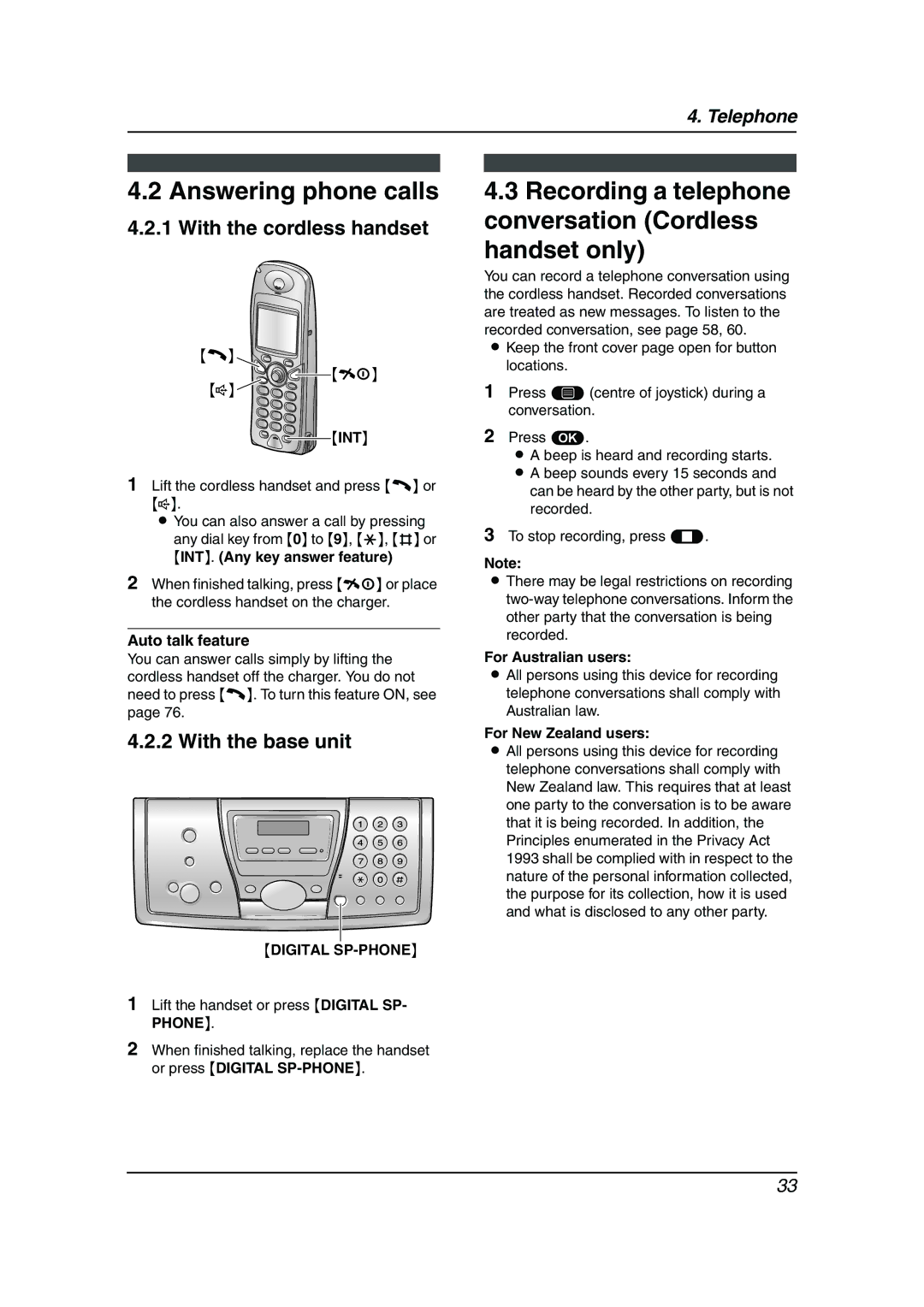 Panasonic KX-FC241AL manual Answering phone calls, Recording a telephone conversation Cordless handset only 