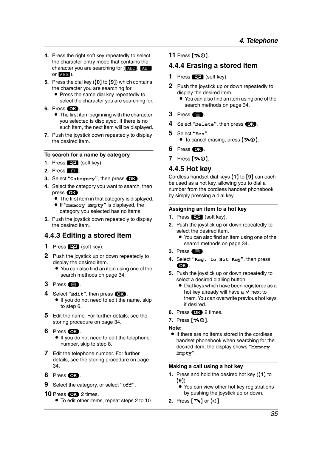 Panasonic KX-FC241AL manual Editing a stored item, Erasing a stored item, Hot key 